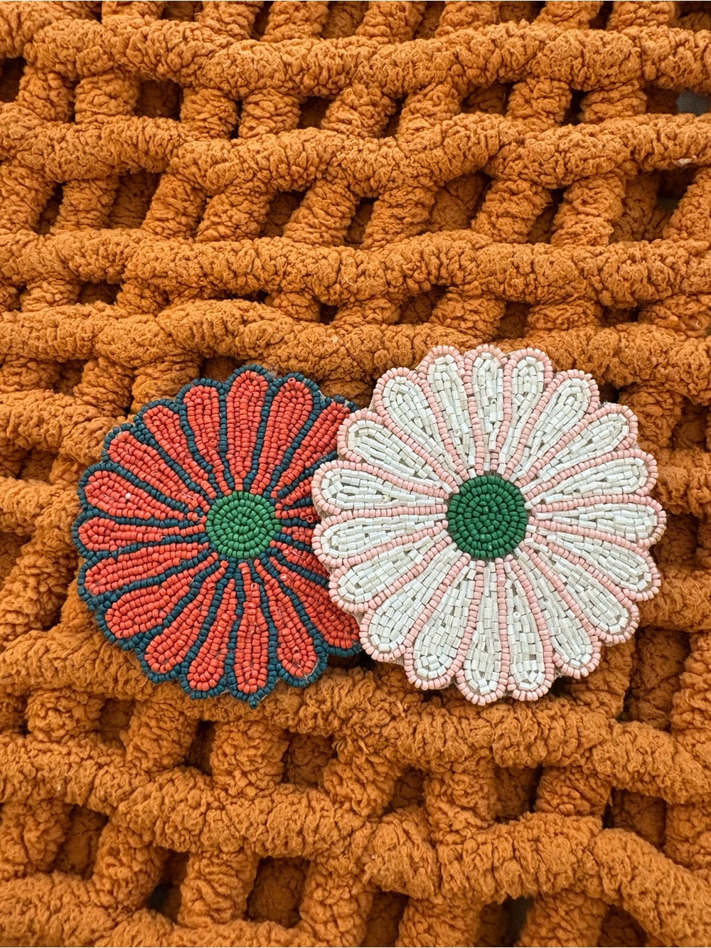 Handmade Beaded Daisy Coasters - Coral & Cream